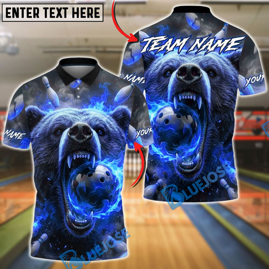 BlueJose Bowling & Pins Fierce Bear Fire Artwork Customized Name, Team Name 3D Shirt (4 Colors)