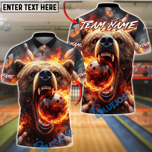 BlueJose Bowling & Pins Fierce Bear Fire Artwork Customized Name, Team Name 3D Shirt (4 Colors)