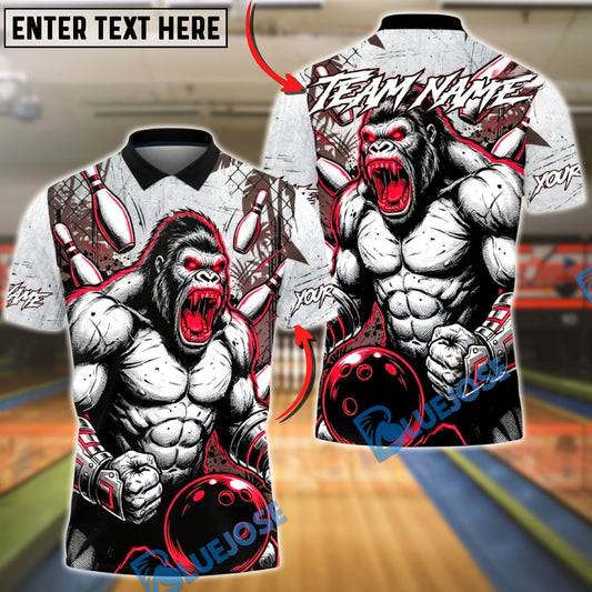 BlueJose Bowling & Pins Muscular Gorilla Strike Bowling Art Customized Name, Team Name 3D Shirt (4 Colors)