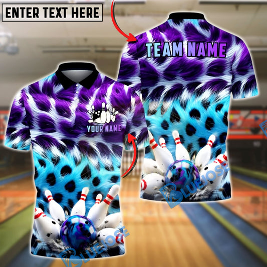 BlueJose Bowling & Pins Colorful Fur Texture Design Customized Name, Team Name 3D Shirt (4 Colors)