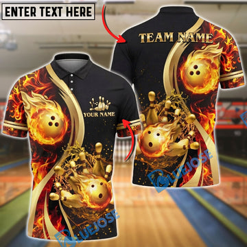BlueJose Bowling And Pins Fire Magma Water Strike Customized Name, Team Name 3D Shirt (4 Colors)