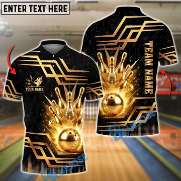 BlueJose Bowling And Pins Luxury Golden Strike Customized Name, Team Name 3D Shirt (6 Colors)