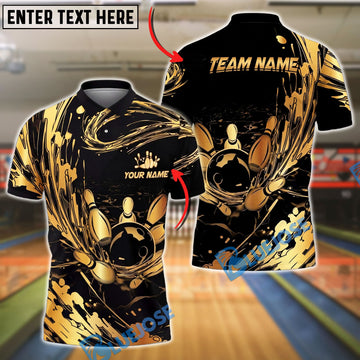BlueJose Bowling And Pins Abstract Gold Water Splash Customized Name, Team Name 3D Shirt (6 Colors)