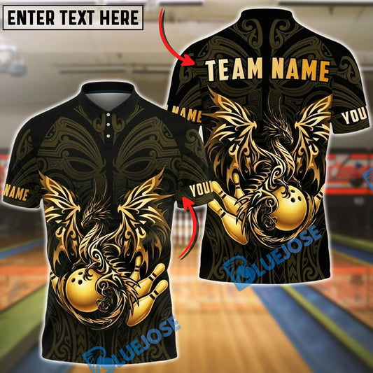 BlueJose Bowling & Pins Golden Dragon Flowing Ornamental Art Customized Name, Team Name 3D Shirt (6 Colors)