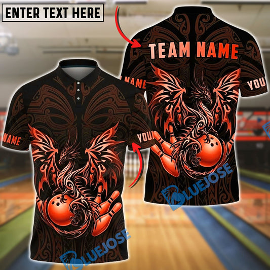 BlueJose Bowling & Pins Golden Dragon Flowing Ornamental Art Customized Name, Team Name 3D Shirt (6 Colors)