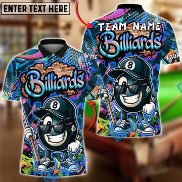 BlueJose Billiards Vibrant Graffiti Style 8-Ball Character Customized Name, Team Name 3D Shirt (4 Colors)