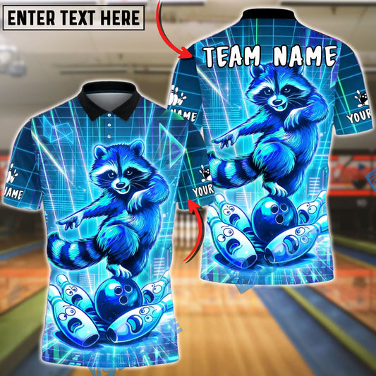 BlueJose Bowling & Pins Retro Neon Raccoon Synthwave Grid Design Customized Name, Team Name 3D Shirt (4 Colors)