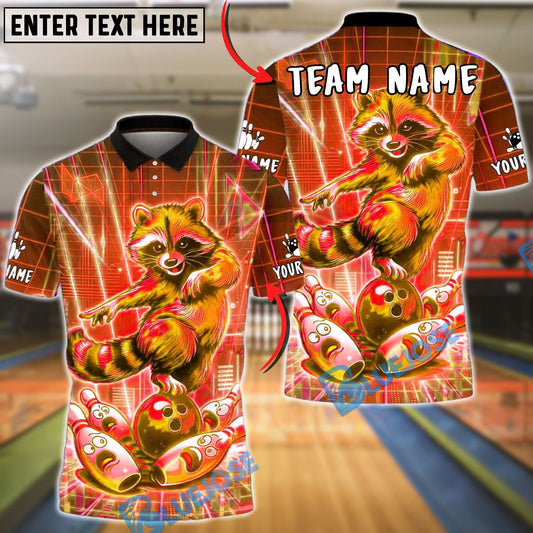 BlueJose Bowling & Pins Retro Neon Raccoon Synthwave Grid Design Customized Name, Team Name 3D Shirt (4 Colors)