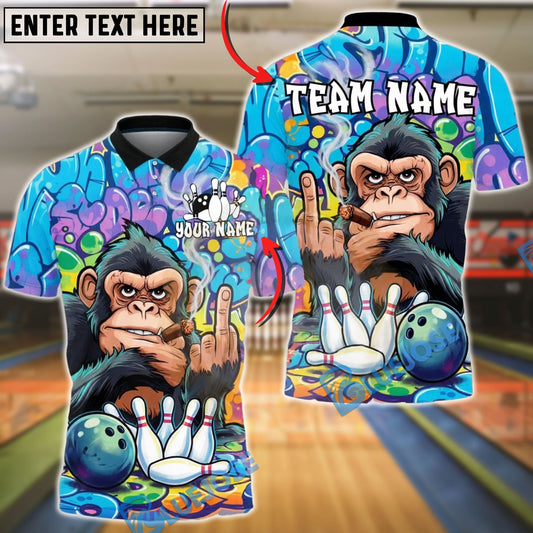 BlueJose Bowling & Pins Cool Chimp Monkey Smoking Cigar Graffiti Art Customized Name, Team Name 3D Shirt (4 Colors)
