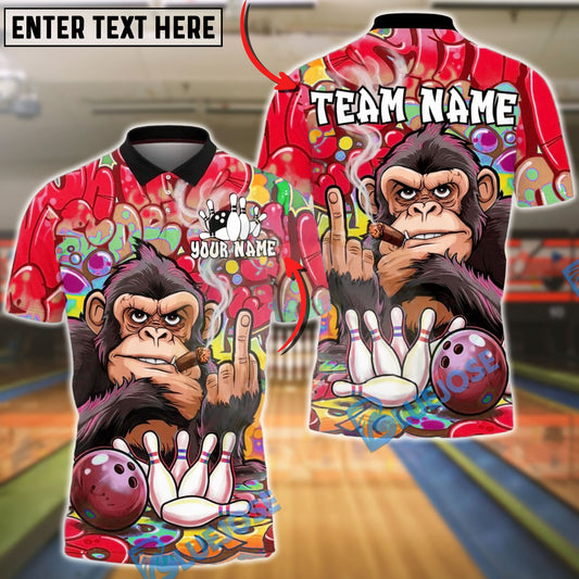 BlueJose Bowling & Pins Cool Chimp Monkey Smoking Cigar Graffiti Art Customized Name, Team Name 3D Shirt (4 Colors)