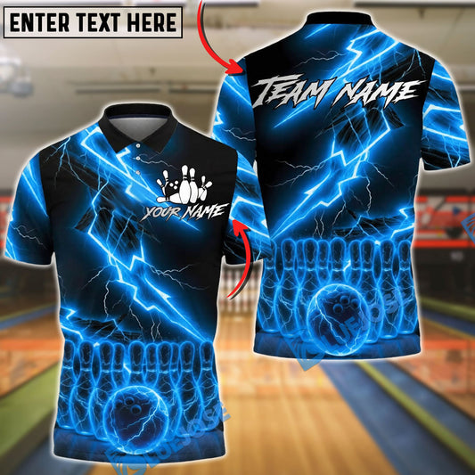 BlueJose Bowling & Pins Electric Lightning Strike Effect Customized Name, Team Name 3D Shirt (4 Colors)