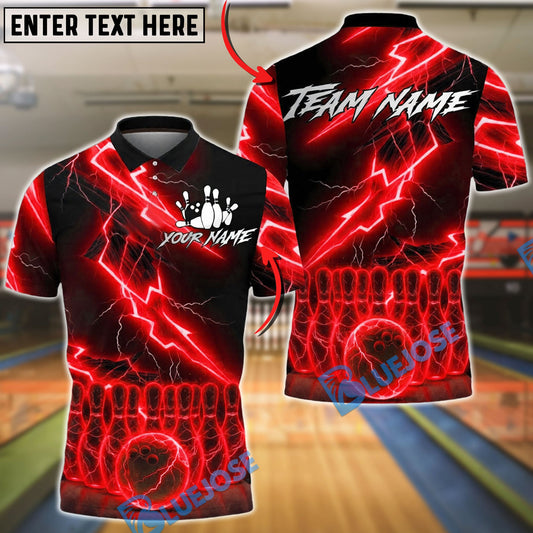 BlueJose Bowling & Pins Electric Lightning Strike Effect Customized Name, Team Name 3D Shirt (4 Colors)