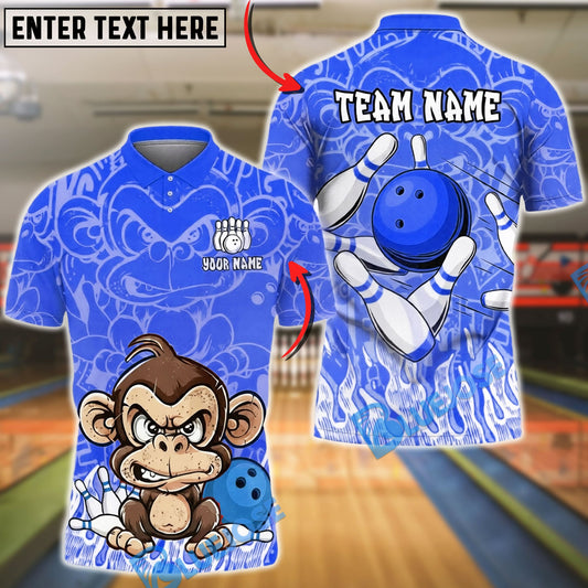 BlueJose Bowling & Pins Angry Monkey Cartoon Art Customized Name, Team Name 3D Shirt (4 Colors)