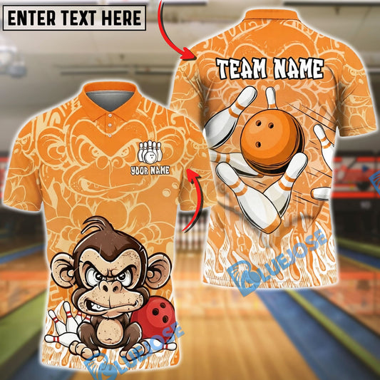 BlueJose Bowling & Pins Angry Monkey Cartoon Art Customized Name, Team Name 3D Shirt (4 Colors)