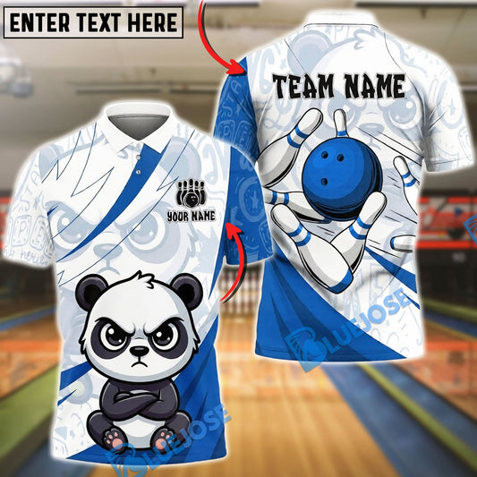 BlueJose Bowling & Pins Cute Panda Cartoon Design Customized Name, Team Name 3D Shirt (4 Colors)