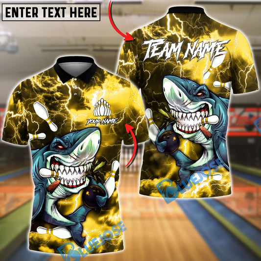 BlueJose Bowling & Pins Shark Lightning Graphic Customized Name, Team Name 3D Shirt (6 Colors)