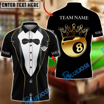 BlueJose Billiards King 8 Ball Crown Luxury Tuxedo Gentleman Customized Name, Team Name 3D Shirt (7 Colors)
