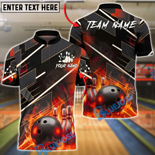 BlueJose Bowling & Pins Flame Strike Shirt Fiery Ball & Pins Design Customized Name, Team Name 3D Shirt (4 Colors)
