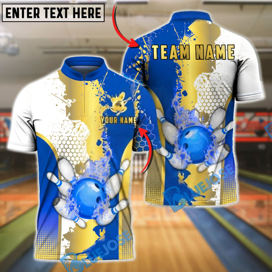 BlueJose Bowling & Pins Gold Splatter Paint Hexagon Texture Customized Name, Team Name 3D Shirt (4 Colors)