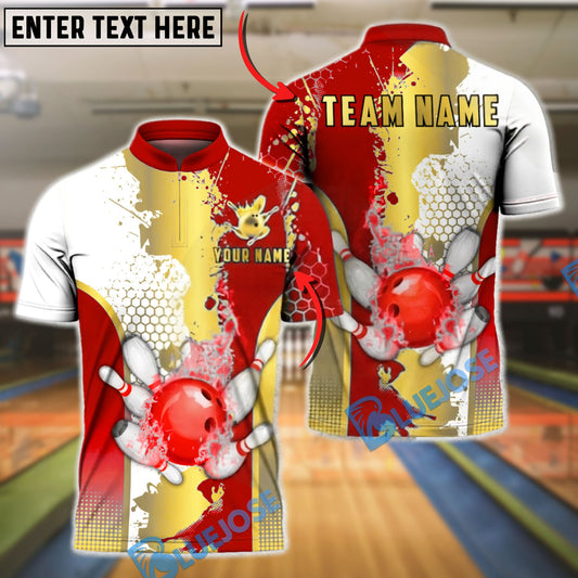 BlueJose Bowling & Pins Gold Splatter Paint Hexagon Texture Customized Name, Team Name 3D Shirt (4 Colors)