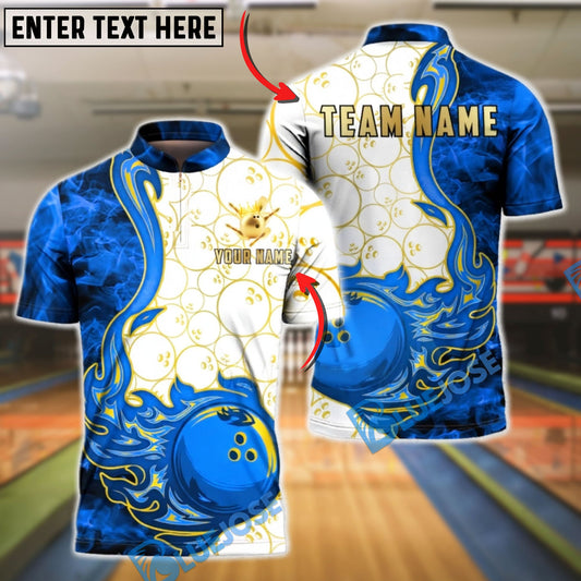 BlueJose Bowling & Pins Artistic Swirl Fire White Pattern Customized Name, Team Name 3D Shirt (4 Colors)