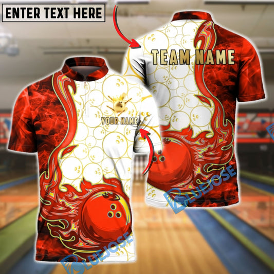 BlueJose Bowling & Pins Artistic Swirl Fire White Pattern Customized Name, Team Name 3D Shirt (4 Colors)