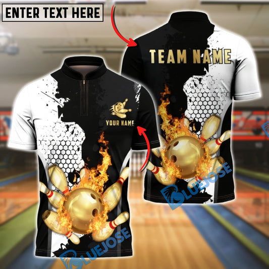 BlueJose Bowling & Pins Fire Strike Gold Splash Customized Name, Team Name 3D Shirt (4 Colors)