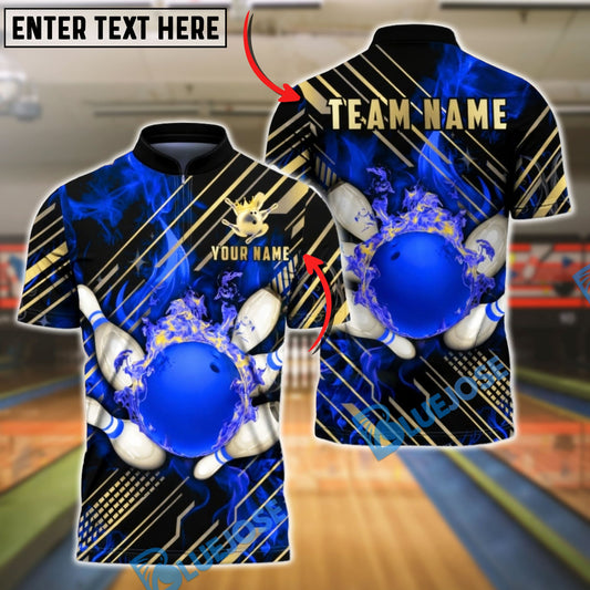 BlueJose Bowling & Pins Golden Diagonal Stripes Fire Customized Name, Team Name 3D Shirt (4 Colors)
