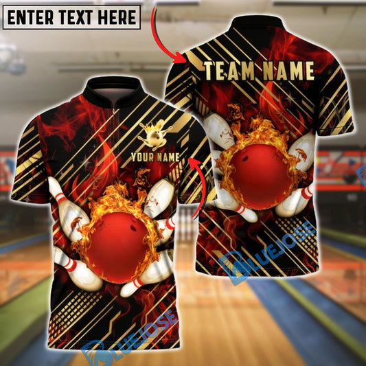 BlueJose Bowling & Pins Golden Diagonal Stripes Fire Customized Name, Team Name 3D Shirt (4 Colors)