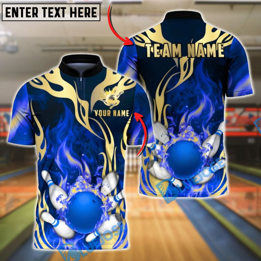 BlueJose Bowling & Pins Tribal Flame Gold Accents Customized Name, Team Name 3D Shirt (4 Colors)