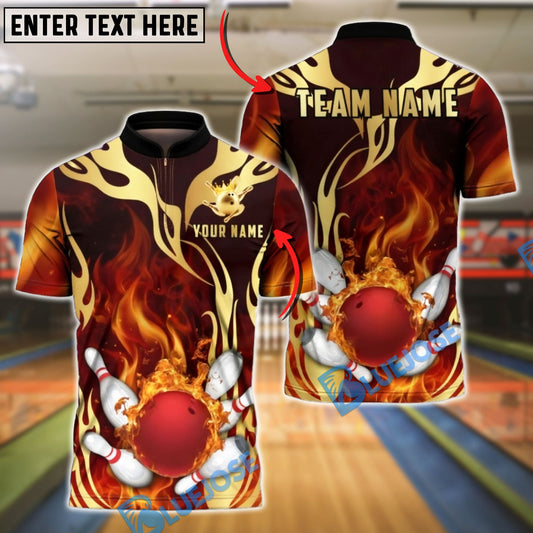 BlueJose Bowling & Pins Tribal Flame Gold Accents Customized Name, Team Name 3D Shirt (4 Colors)