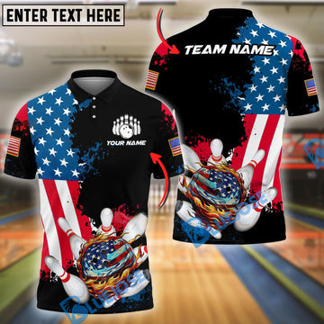 BlueJose Bowling Ball & Pins Distressed USA Flag Personalized Shirt