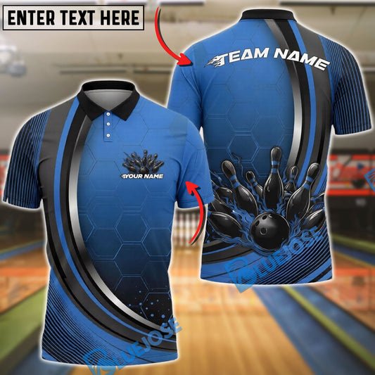 BlueJose Bowling And Pins Modern Strike Ball Motion Graphic Customized Name, Team Name 3D Shirt (4 Colors)