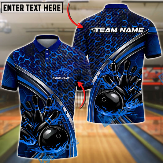 BlueJose Bowling And Pins Carbon Fiber Hexagon Flame Ball Design Customized Name, Team Name 3D Shirt (4 Colors)