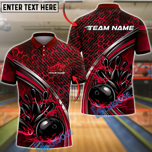 BlueJose Bowling And Pins Carbon Fiber Hexagon Flame Ball Design Customized Name, Team Name 3D Shirt (4 Colors)