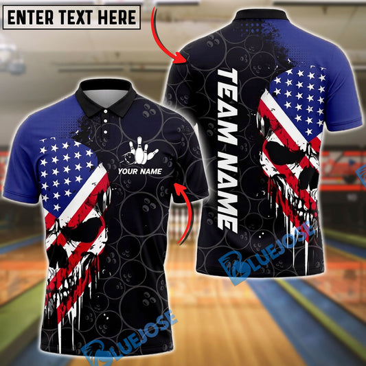 BlueJose Bowling And Pins USA Flags Skull Patriotic Style Customized Name, Team Name 3D Shirt