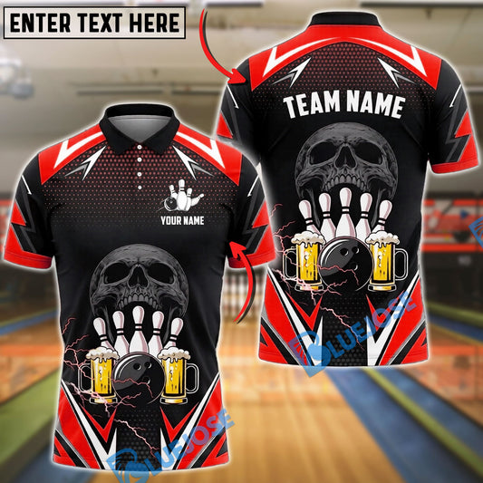 BlueJose Bowling And Pins Skull Beer Lightning Party Graphic Customized Name, Team Name 3D Shirt (6 Colors)