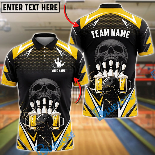 BlueJose Bowling And Pins Skull Beer Lightning Party Graphic Customized Name, Team Name 3D Shirt (6 Colors)