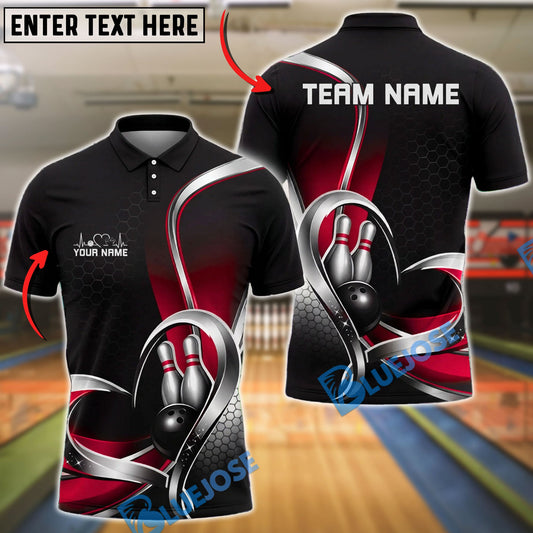 BlueJose Bowling And Pins Modern Abstract Heart Curve Minimalist Style Customized Name, Team Name 3D Shirt (4 Colors)