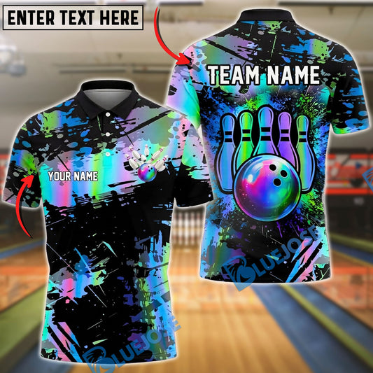 BlueJose Bowling And Pins Rainbow Splash Paint Strike Artistic Design Customized Name, Team Name 3D Shirt (4 Colors)