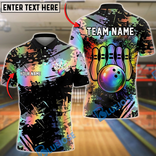 BlueJose Bowling And Pins Rainbow Splash Paint Strike Artistic Design Customized Name, Team Name 3D Shirt (4 Colors)