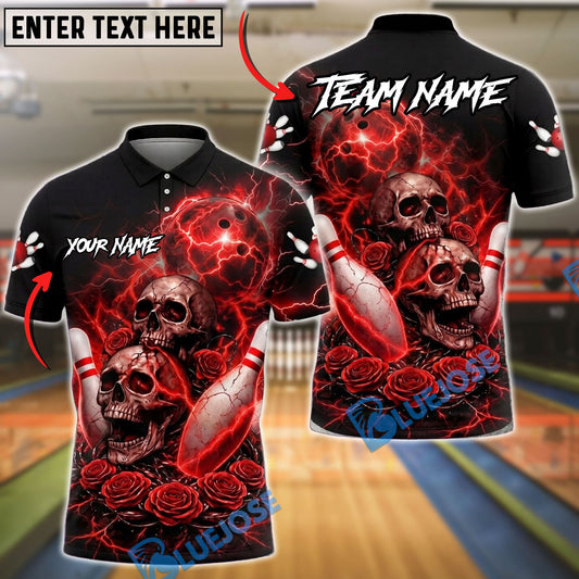 BlueJose Bowling And Pins Lightning Skull Roses Dark Gothic Style Customized Name, Team Name 3D Shirt (4 Colors)