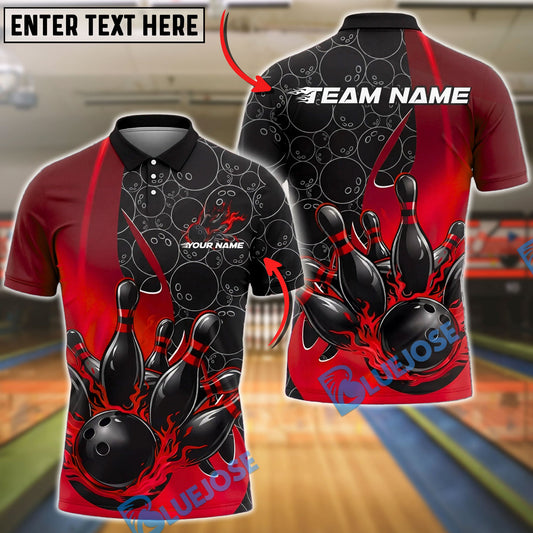 BlueJose Bowling And Pins Fire Strike Black Flame Pins Design Customized Name, Team Name 3D Shirt (4 Colors)