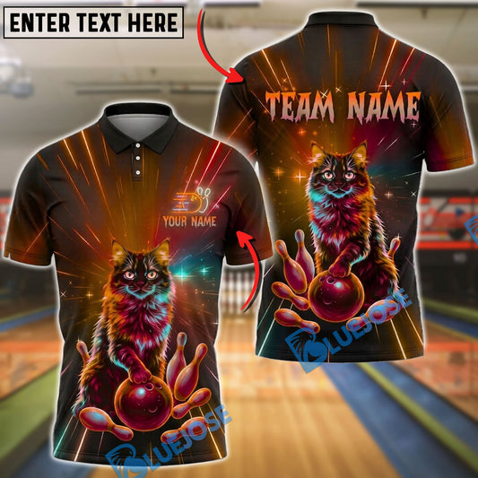 BlueJose Bowling And Pins Neon Cat Rainbow Glow Strike Design Customized Name, Team Name 3D Shirt (4 Colors)
