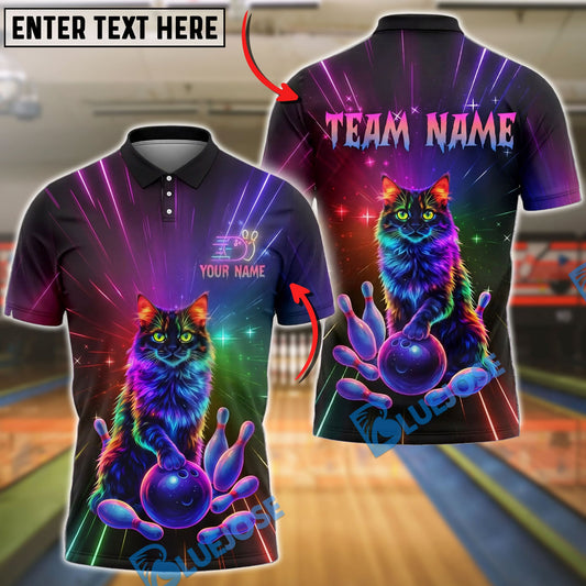 BlueJose Bowling And Pins Neon Cat Rainbow Glow Strike Design Customized Name, Team Name 3D Shirt (4 Colors)