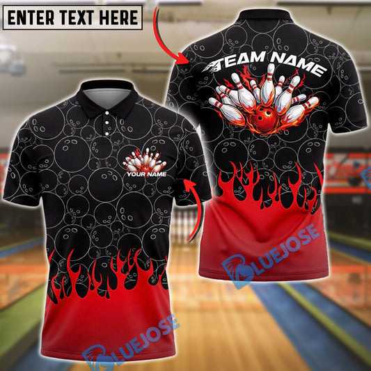 BlueJose Bowling And Pins Flaming Ball Strike Explosion Pins Graphic Customized Name, Team Name 3D Shirt (4 Colors)