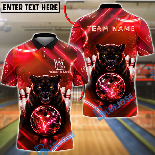 BlueJose Bowling And Pins Neon Panther Strike Electric Glow Ball Design Customized Name, Team Name 3D Shirt (4 Colors)