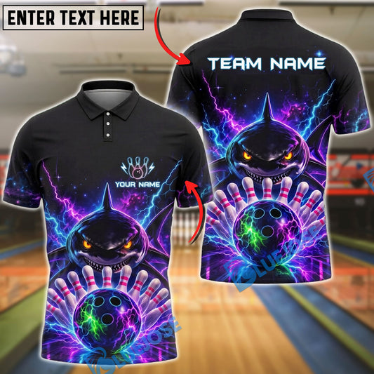 BlueJose Bowling And Pins Electric Shark Strike Lightning Energy Design Customized Name, Team Name 3D Shirt (4 Colors)