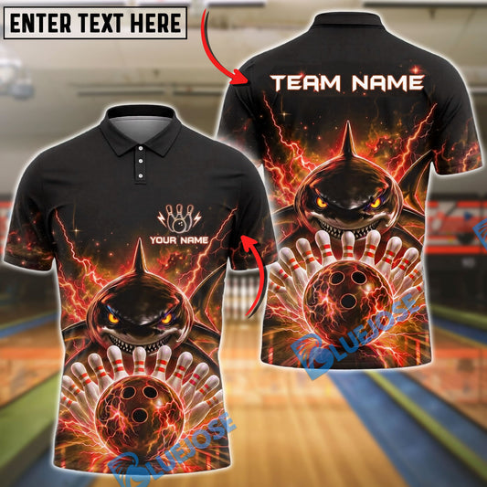 BlueJose Bowling And Pins Electric Shark Strike Lightning Energy Design Customized Name, Team Name 3D Shirt (4 Colors)