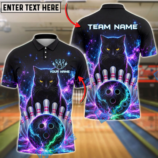 BlueJose Bowling And Pins Galaxy Cat Neon Cosmic Bowling Ball Design Customized Name, Team Name 3D Shirt (4 Colors)
